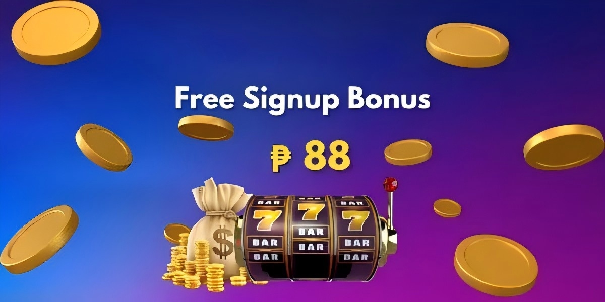 Casino promo banner with gold coins, a triple-seven slot machine, a money bag and a Free Signup Bonus of 88 pesos headline